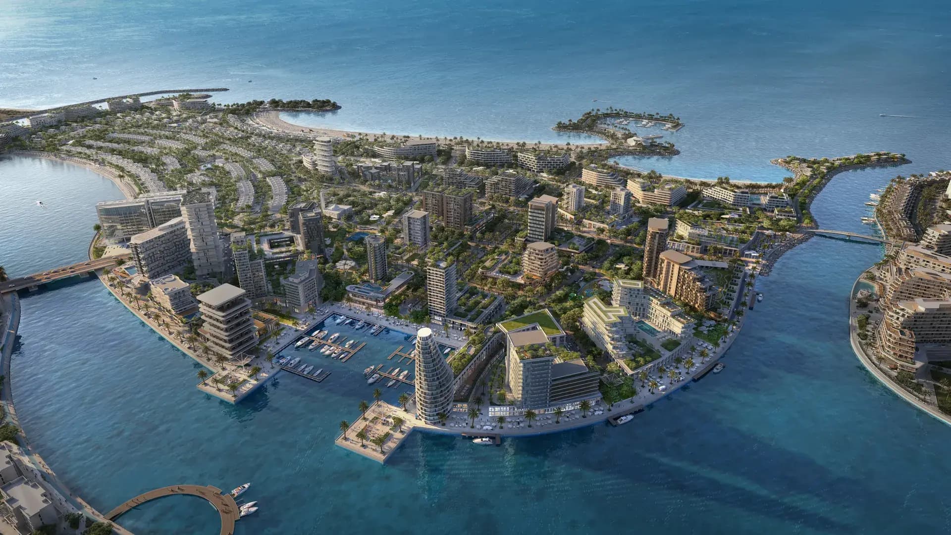 Aerial view of Mina Al Arab along the Arabian Gulf coastline